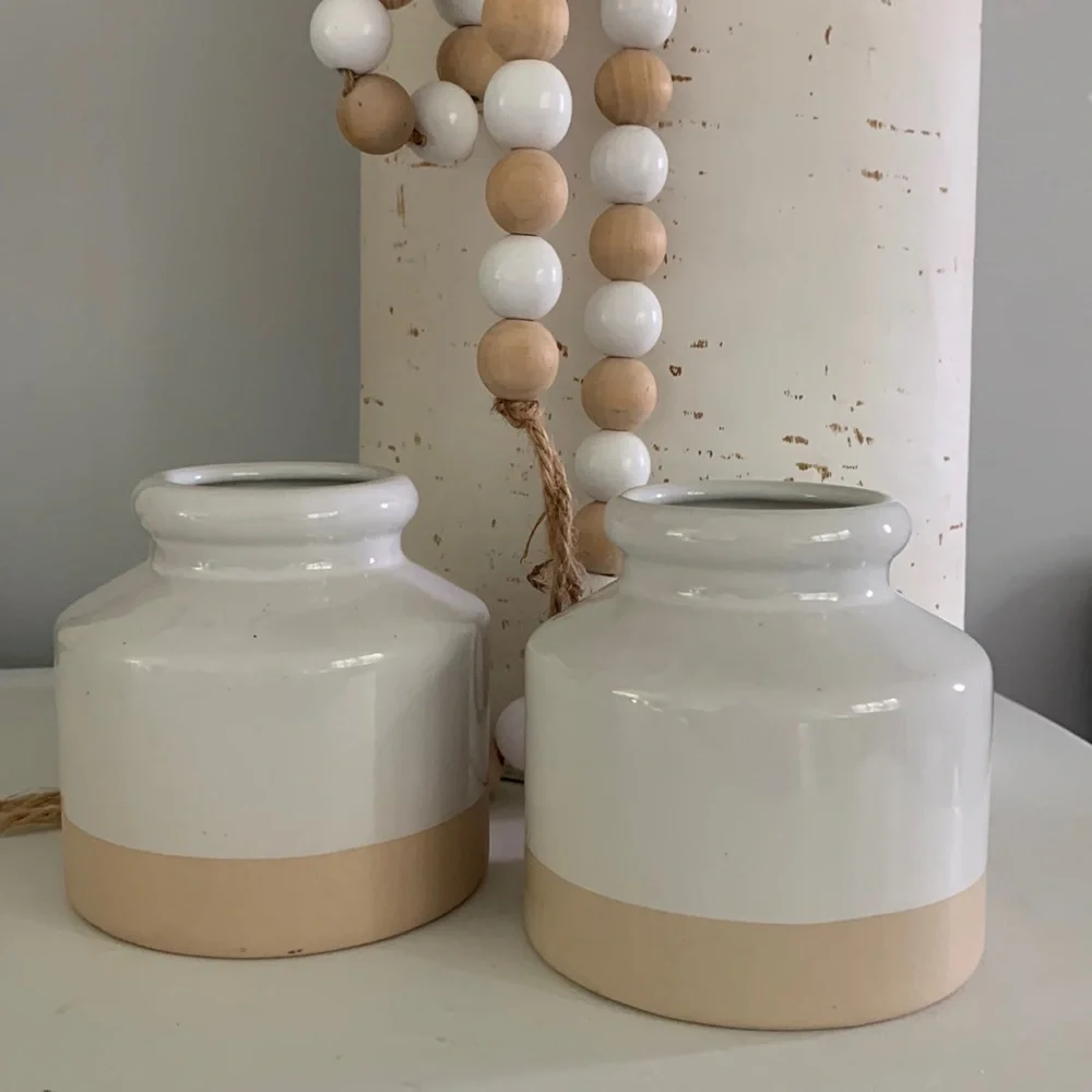 Two note glazed set of two vases ceramic pots Neutral home‎ decor white beige
